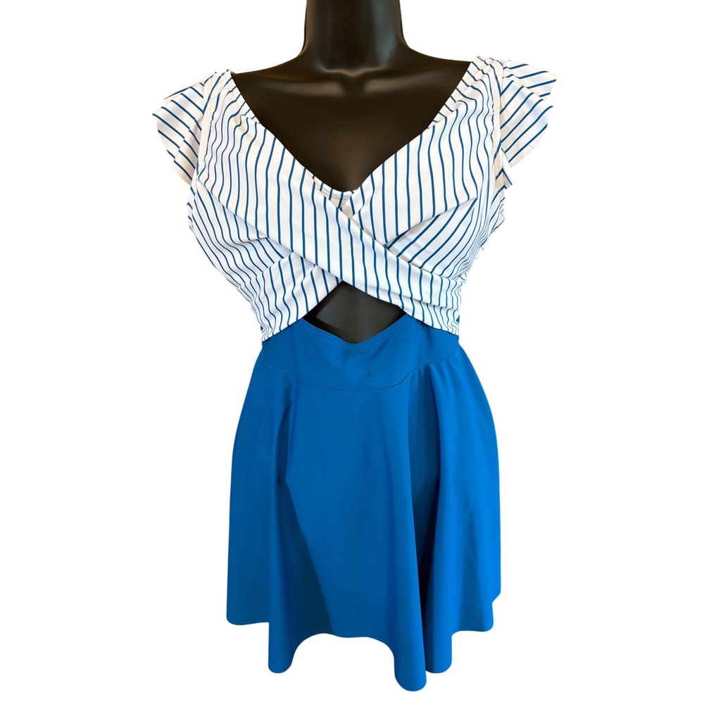 Nautical Striped Ruffle Swim Dress Blue White V-Neck Cutout One Piece Medium
